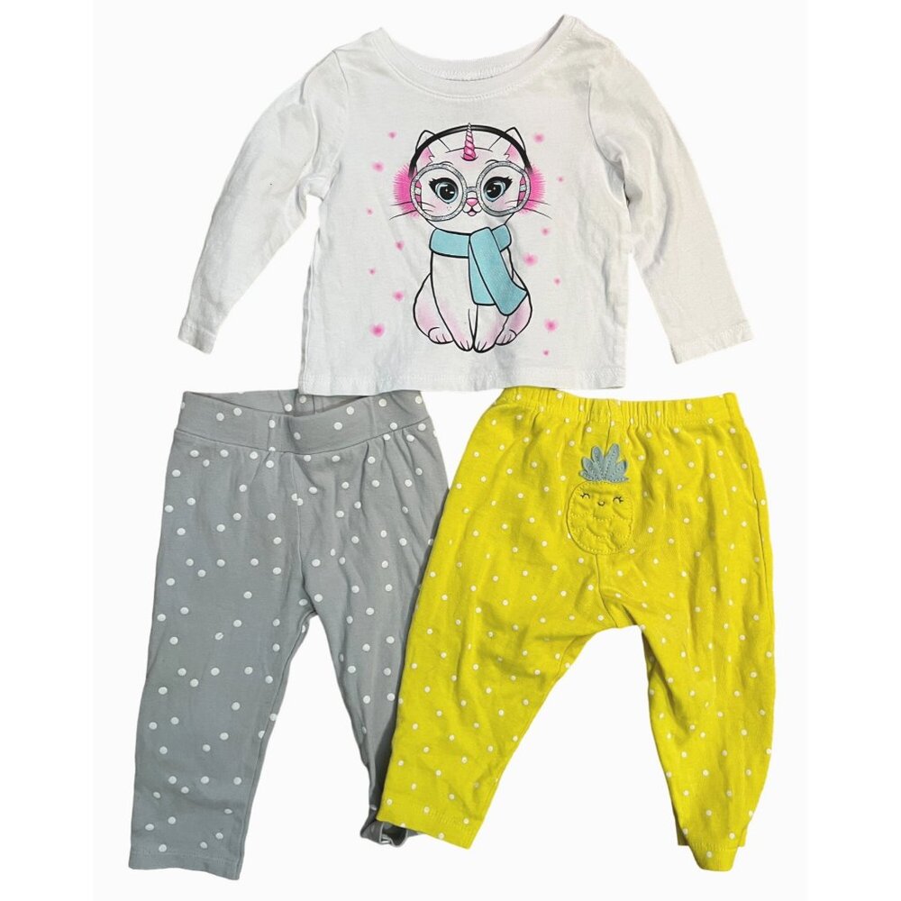 Bundle of 3 Baby Outfit Sz 3-9 Months Baby Girl Shirt with 2 Pants Kitty Cat